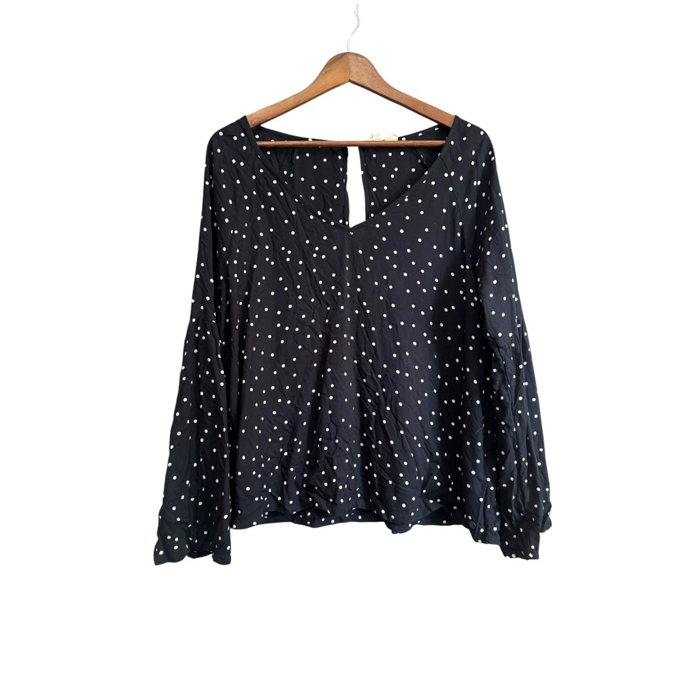 Roxy Blouse Womens XL Black Polka Dot Excellent Bell Sleeve V-Neck Keyhole